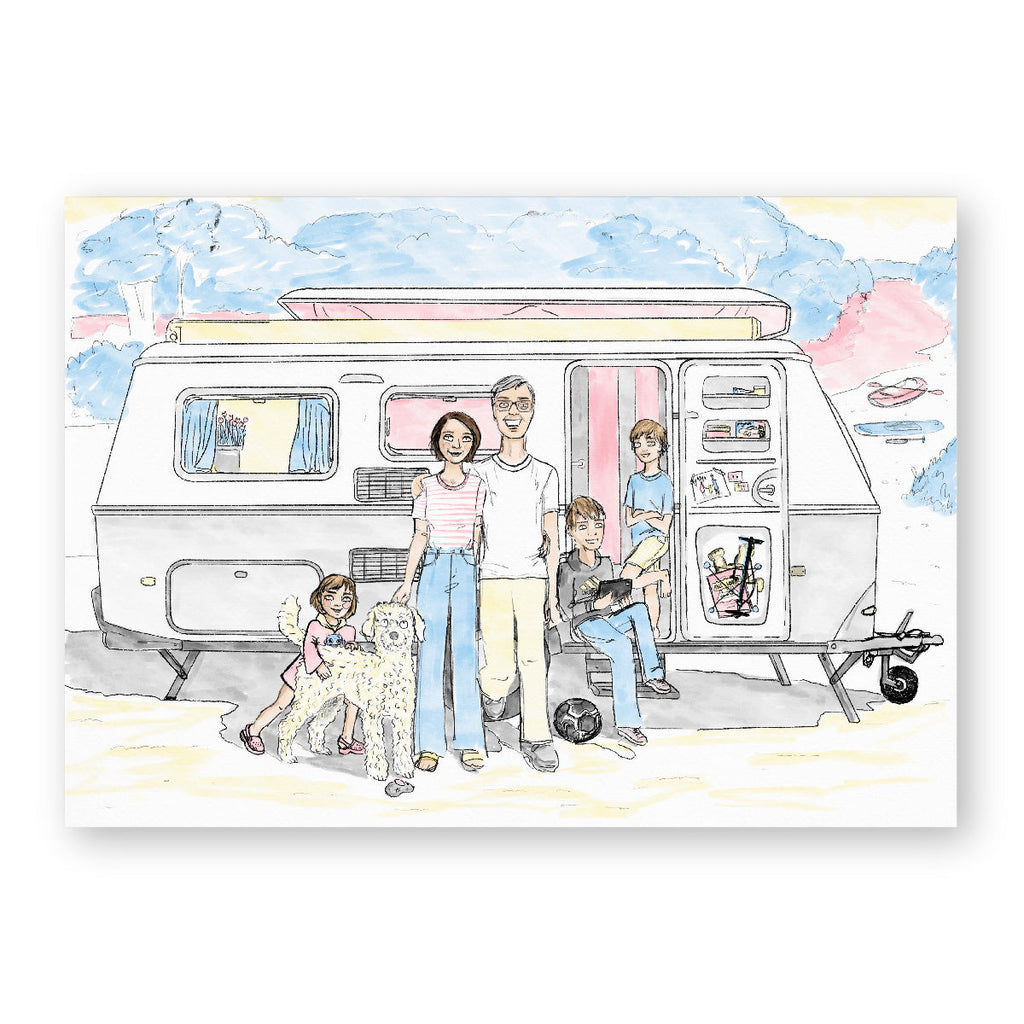 A portrait of a family; husband, wife, two sons and a daughter, and their groodle dog in front of their camper van in pastel colours Hound Town style.
