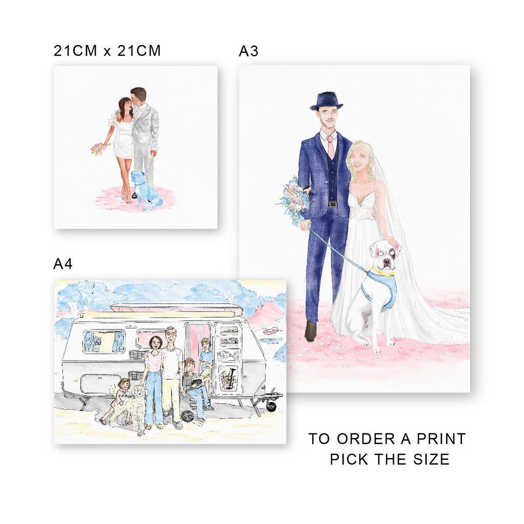 Three family portraits showing the different sizes available including 21cm square, A4 and A3 and with text reading "To order a print pick the size"