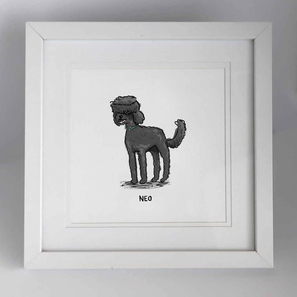 Pet portrait of a black poodle with a cool haircut and has the name "Neo" written below the dog, the Hound Town artwork is framed.