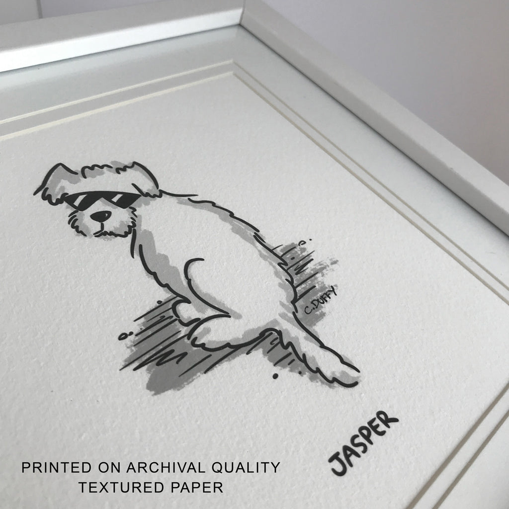 A close-up image of a framed pet portrait showing the paper texture with text that reads "Printed on archival quality textured paper"