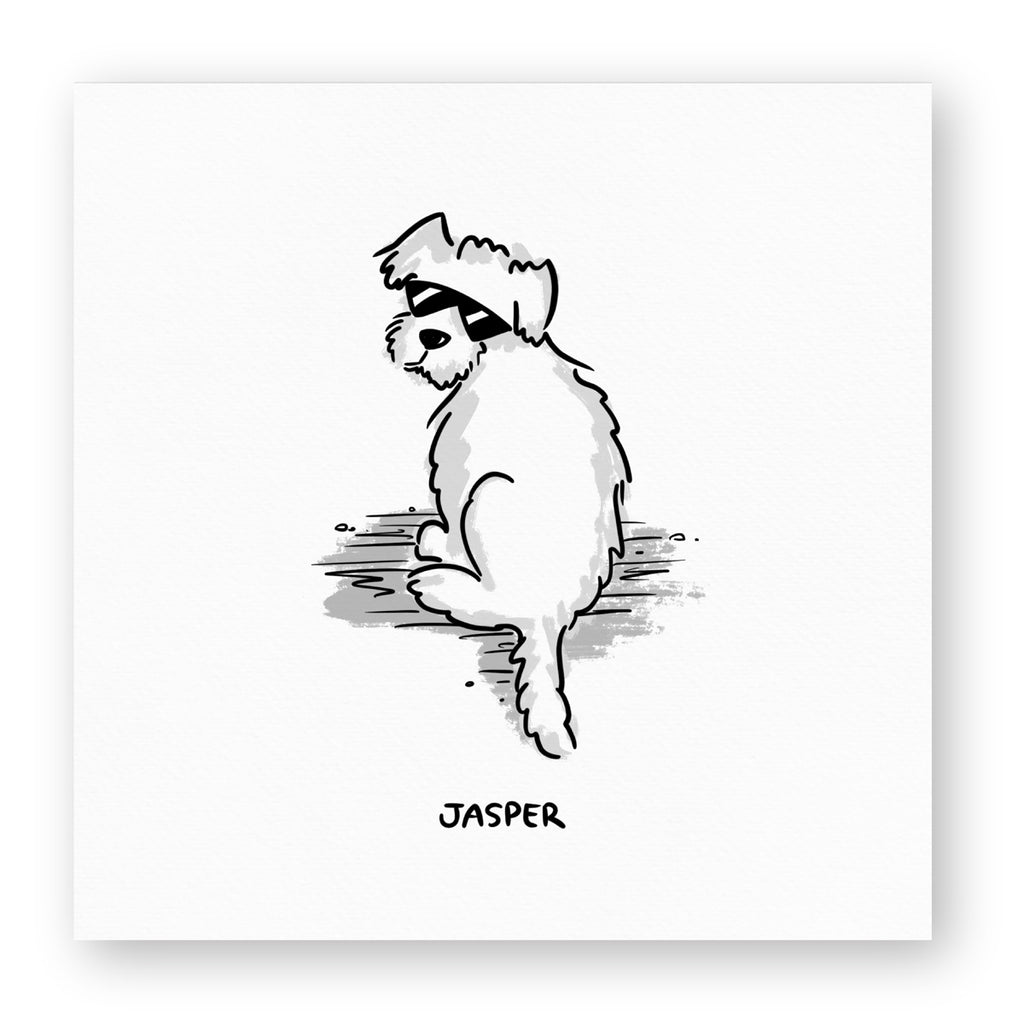 A Hound Town pet portrait of a maltese x poodle breed of dog in a cartoon digital illustration style. The white dog wears sunglasses and with the name Jasper written below