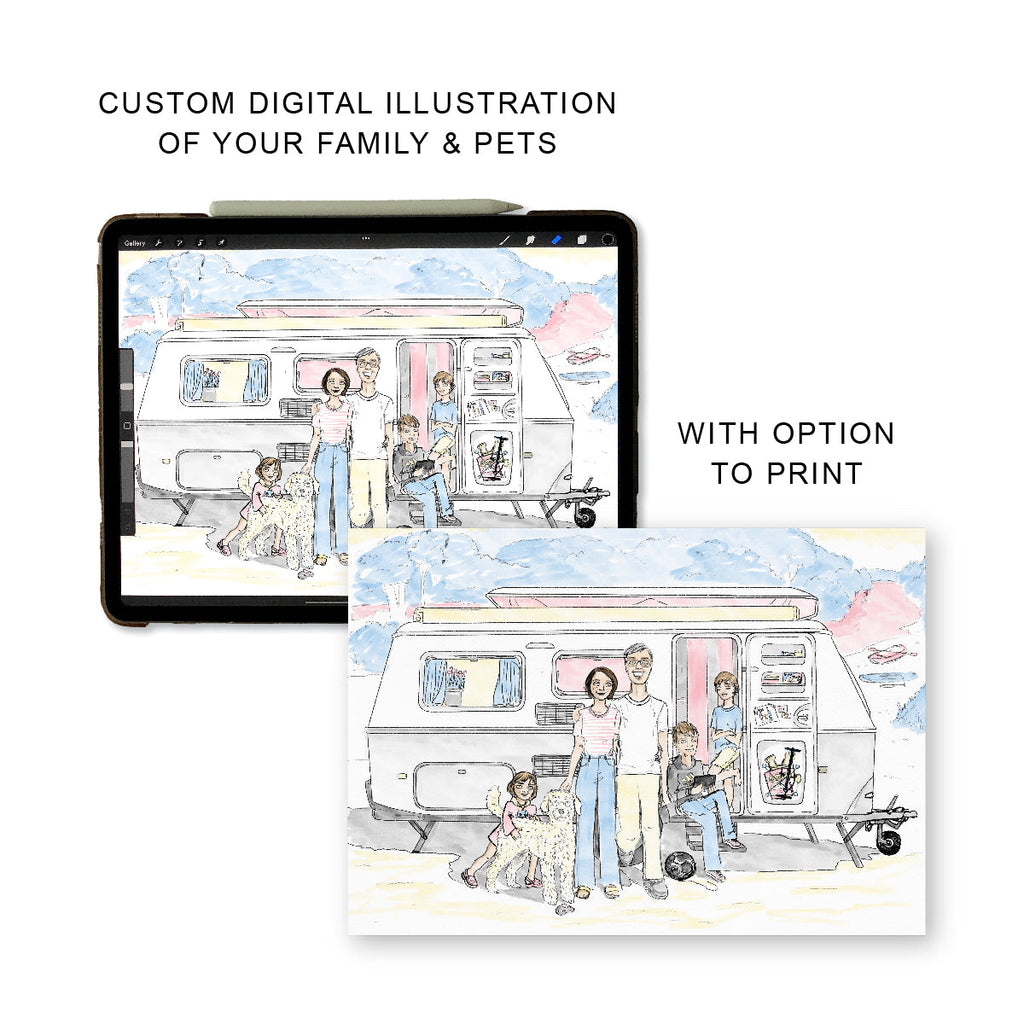 An ipad with a family portrait and a page with the same image and text that says "custom digital illustration of your family & pets, with the option to print"