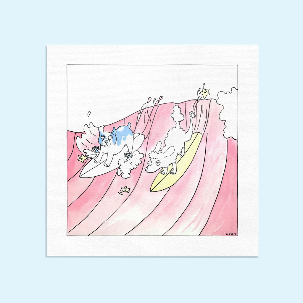 A fine art print of a Clare Duffy original watercolour artwork featuring two dogs surfing a pink wave - a bulldog giving way to a poodle which is closer to the peak of the wave and teaches children surf etiquette, it also features some funny starfish characters.