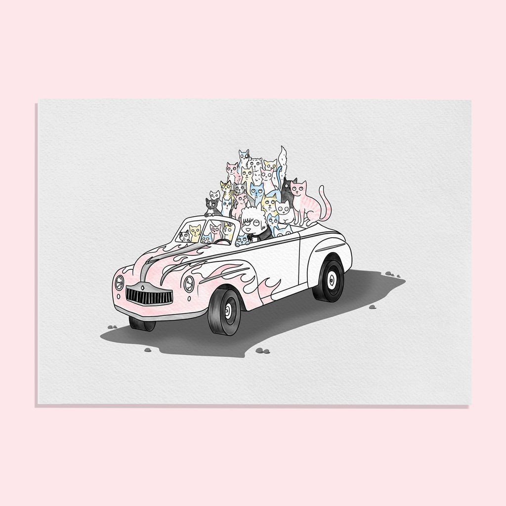 A fine art print of cartoon cats in a grease lightning pussy wagon with flames.