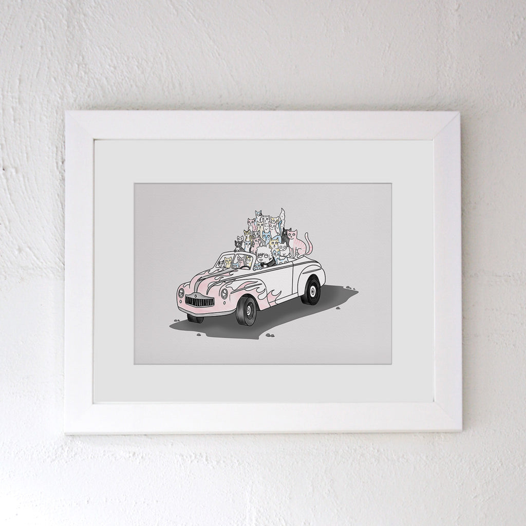 A landscape format white frame with digital illustration featuring cats piled into a pussy wagon in pastel pink, blue, yellow and grey - artwork by illustrator Clare Duffy and features greased lightning danny zuko from the film clip