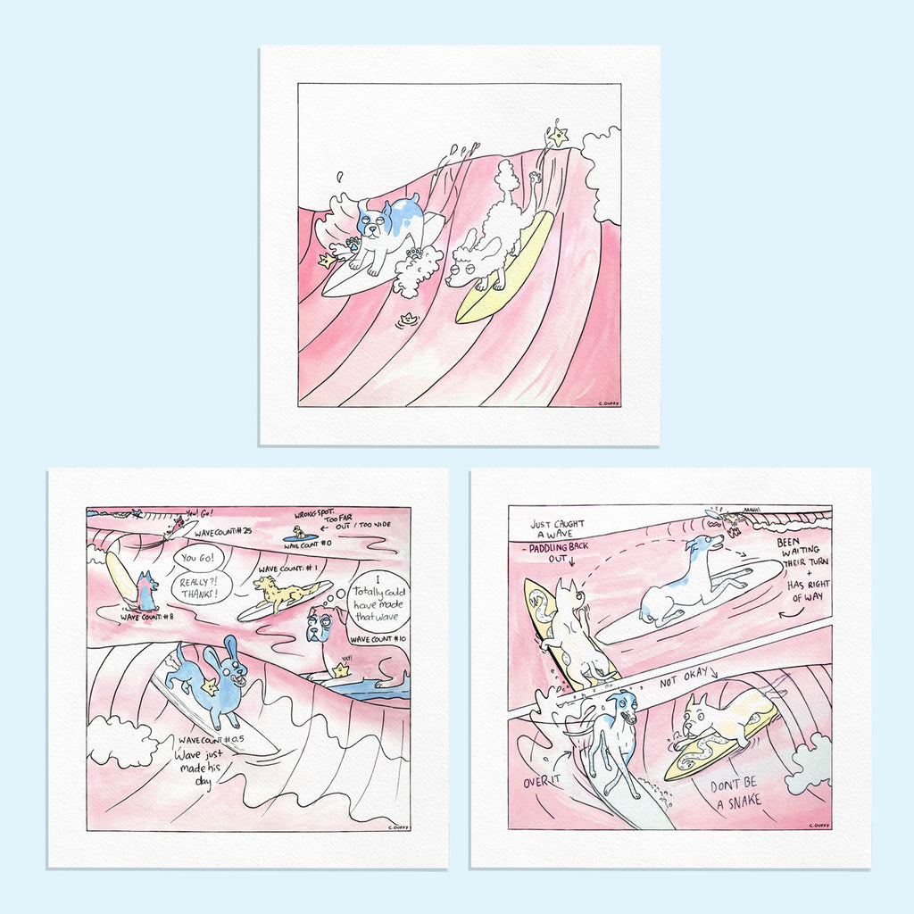 Three Hound Town fine art prints of watercolour artworks. These illustrations depict and teach surf etiquette including giving way, taking your turn in the lineup and not being a sneaky snake stealing waves - artwork by Clare Duffy for Hound Town.