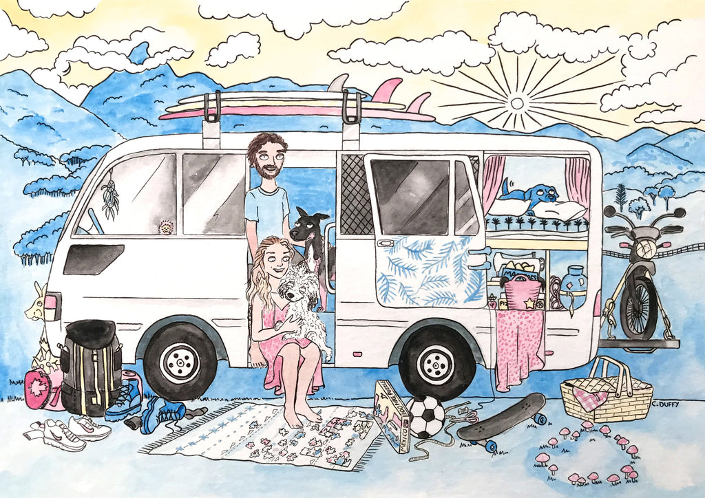 Happy family van life custom family portrait with dogs surfboards and sunset in watercolour pastel blue yellow and pink painting by Clare Duffy