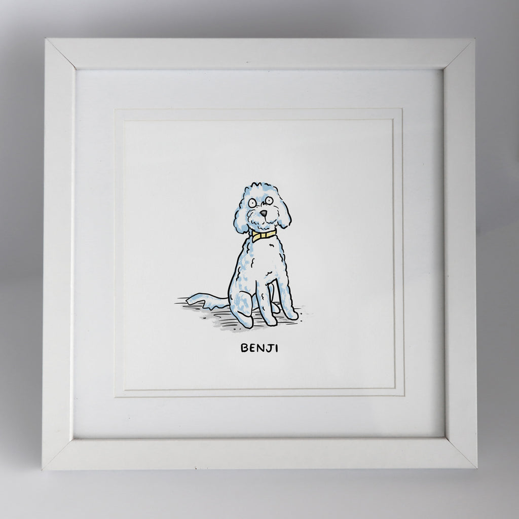 A white framed pet portrait of a cartoon cavoodle, customised with the name Benji written below the illustration by Clare Duffy