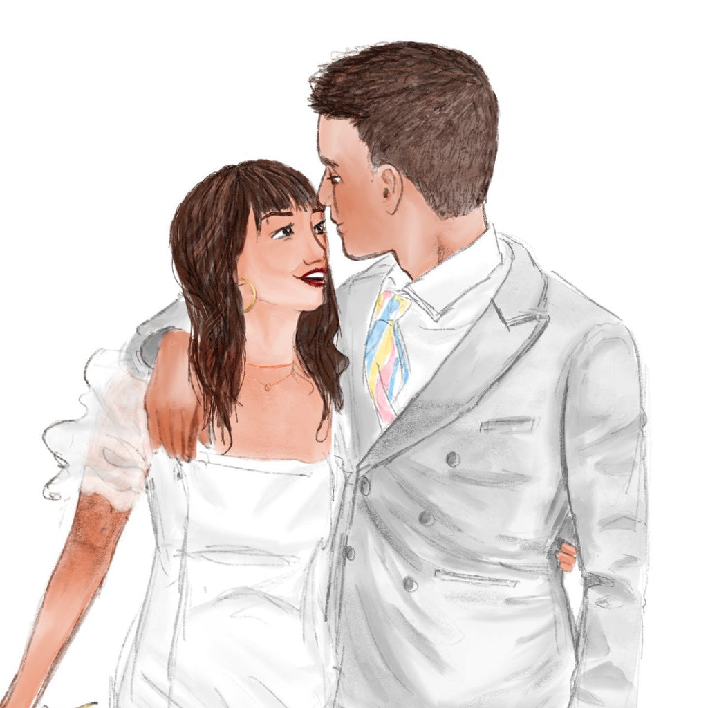 a close-up detail of a digital illustration featuring a couple looking into eachother's eyes wearing wedding attire, artwork by Clare Duffy