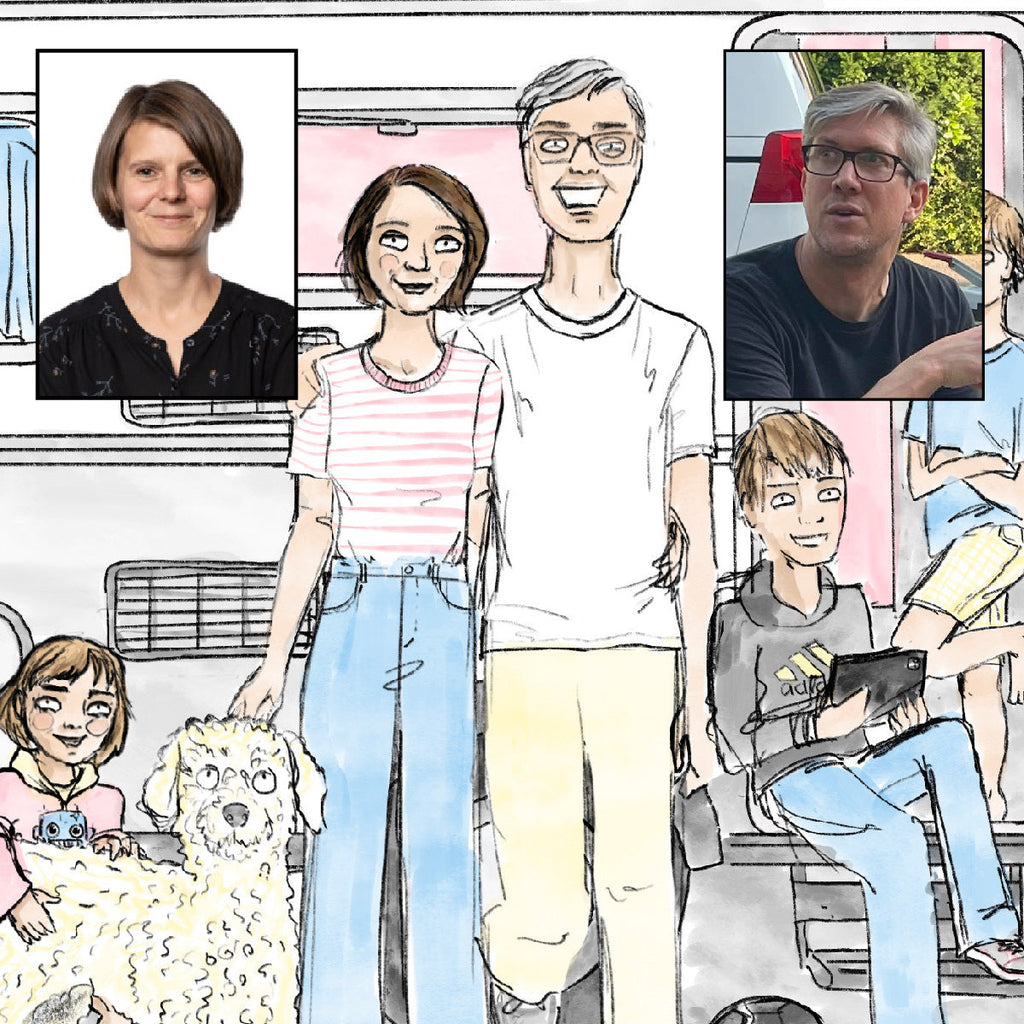 A close-up detail of the family portrait showing the photo of the real people and their cartoon digital illustration version by Clare Duffy