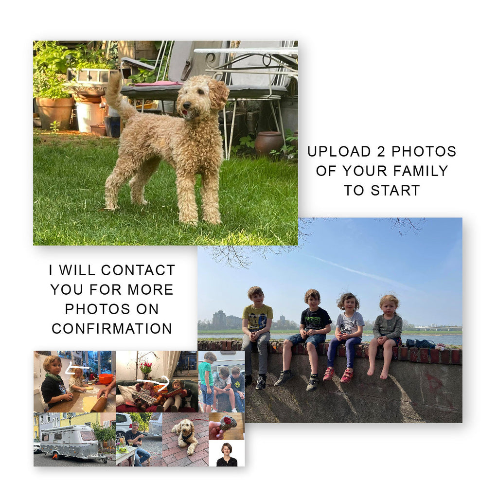 Three photos; one of a groodle or spoodle and the other showing various family photos with the text "upload 2 photos of your family" and "I will contact you for more photos"