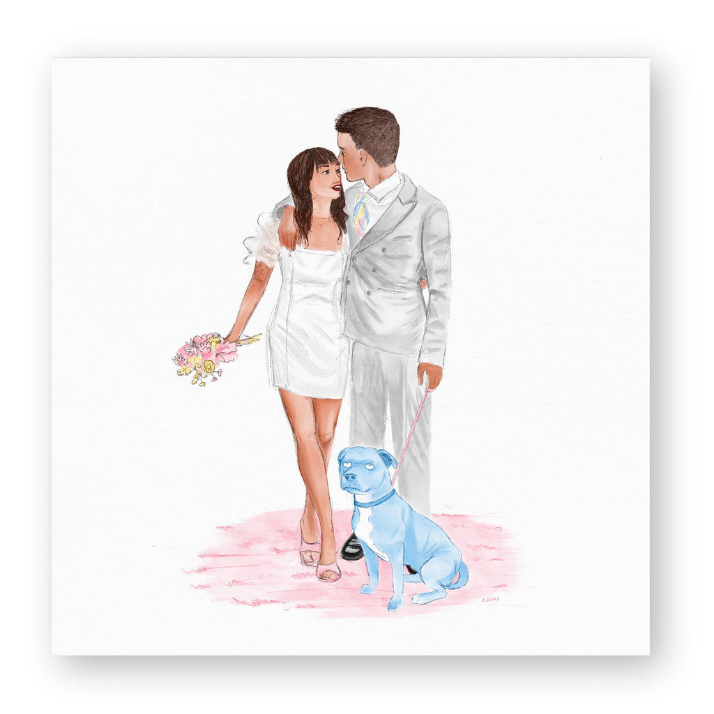 An illustration of a young couple and their staffy dog, dressed for a wedding in white dress and suit and a bouquet of flowers in pastel colours by Clare Duffy