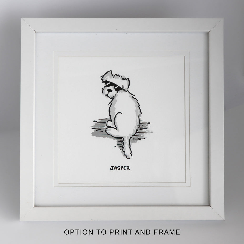cute cartoon portrait of a white Hound Town dog wearing sunglasses inside a square frame with the text "Option to print and frame" by Clare Duffy