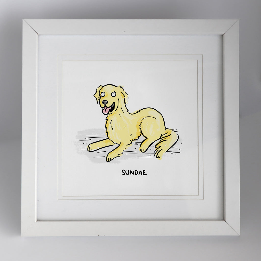 A cartoon drawing of a golden retriever with its name below reading "Sundae" and framed inside a white frame. Artwork for Hound Town by Clare Duffy.