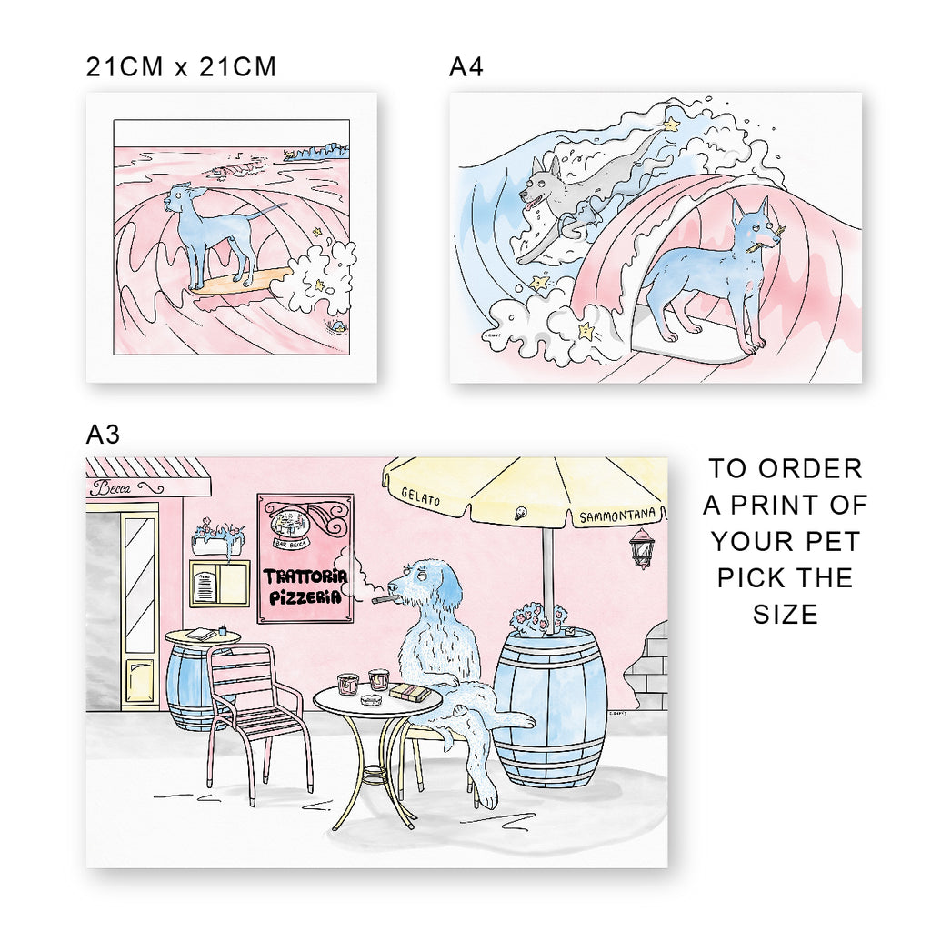 Three pet portraits showing the different sizes available including 21cm square, A4 and A3 and with text reading "To order a print of your pet pick the size" by Clare Duffy