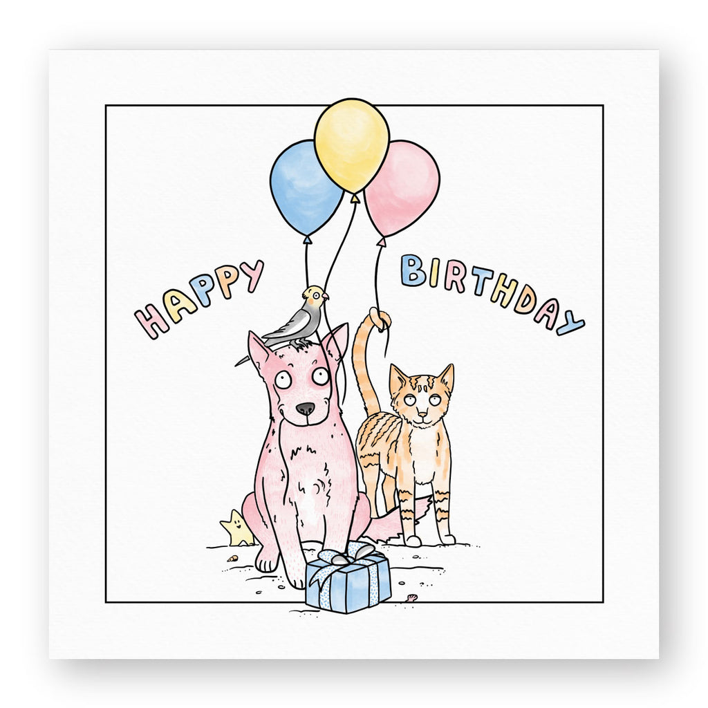 A cattle dog, cockatiel parrot and ginger cat holding balloons with a present and Happy Birthday written inside a square gift card. A genuine Hound Town by Clare Duffy