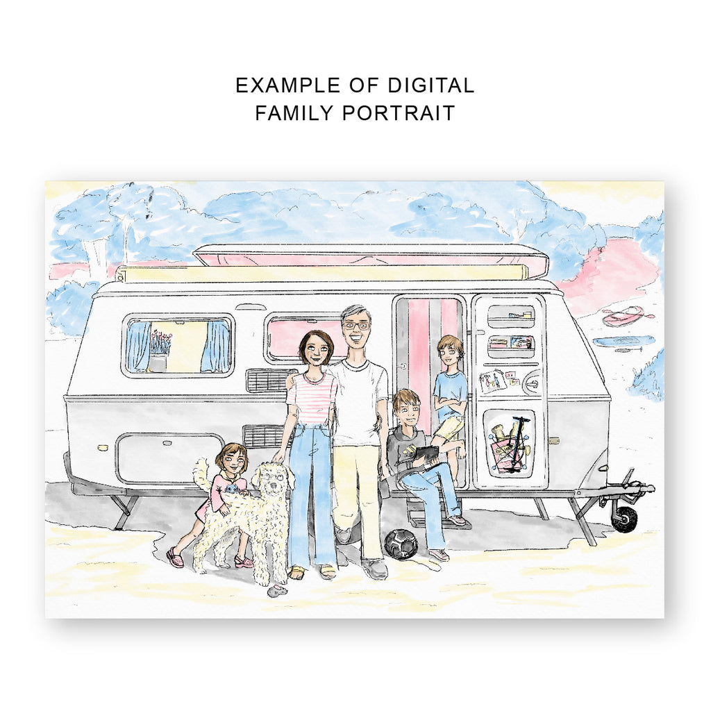 A portrait of a family and their dog in front of their camper van in pastel colours and the text above reading "example of digital family portrait" by Clare Duffy