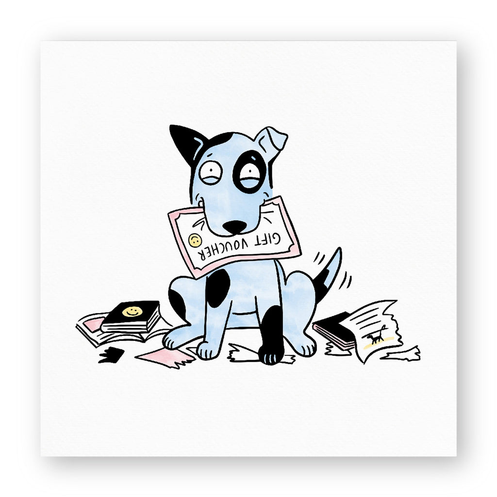 cartoon dog holding gift voucher in mouth and wagging tail sitting amongst books and ripped pages. The dog is blue and has a patch over one eye, one ear is up and one is flopped over. The text 'Gift Voucher' appears on the voucher in the dog's mouth and has a smiley face symbol.