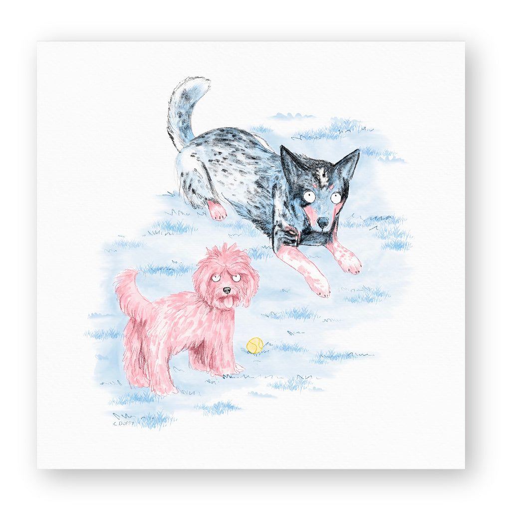 A pet portrait artwork of an Australian Cattle Dog and a Cavoodle in the grass in pastel colours of blue, pink, yellow and black. The digital illustration is in a cartoon style with pencil and watercolour texture and sits atop a page with a slight drop-shadow to indicate that you can purchase a print.