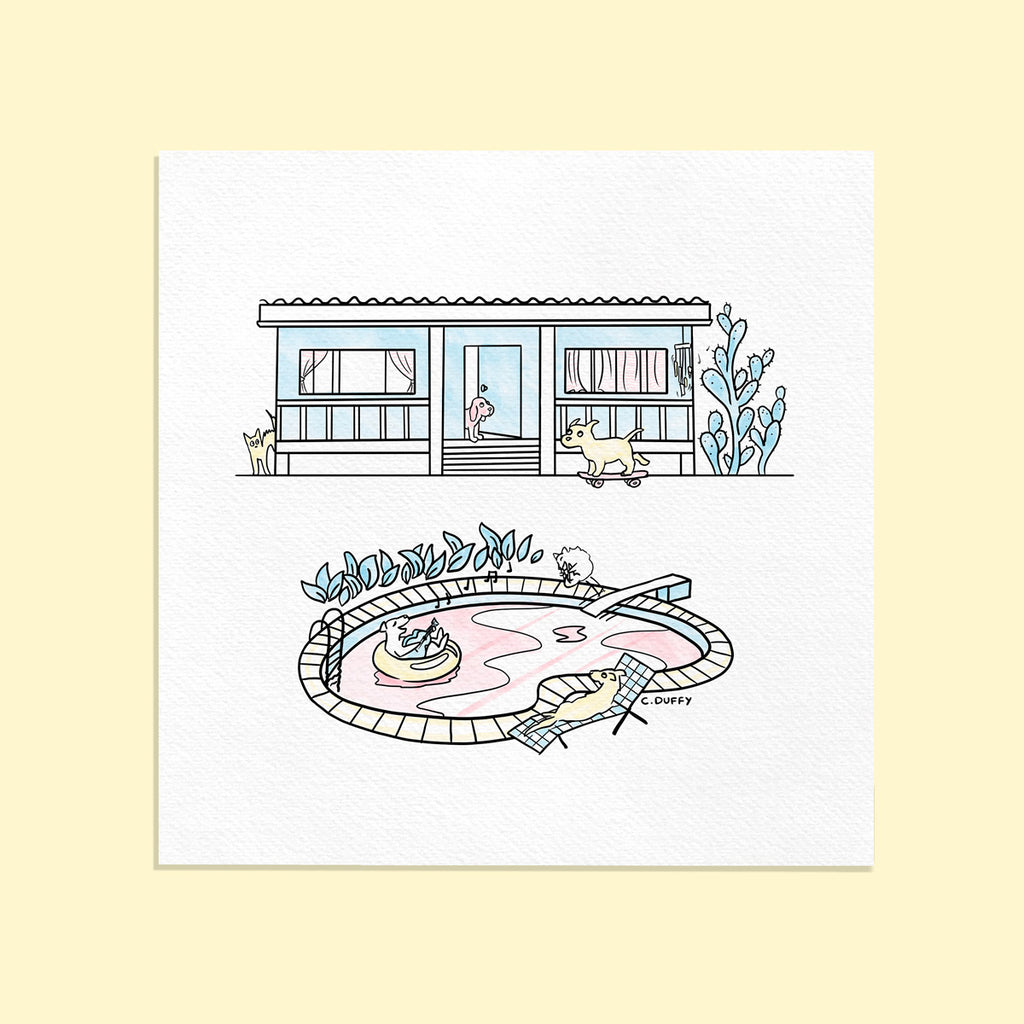 A fine art Hound Town print on a yellow background - the artwork features a fishermans cottage with a cartoon dog skating past, a cactus and a cat, and in front there is a pool with a dog jumping from the diing board, a labrador singing with a guitar and a kelpie on a deck chair