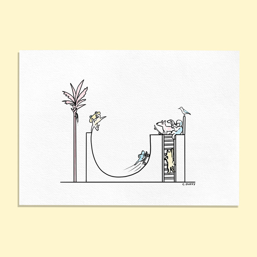 A fine art print landscape format with paper texture on a yellow background featuring a half pipe with cartoon dogs on skateboards, a palm tree and a seagull - artwork for Hound Town by Clare Duffy