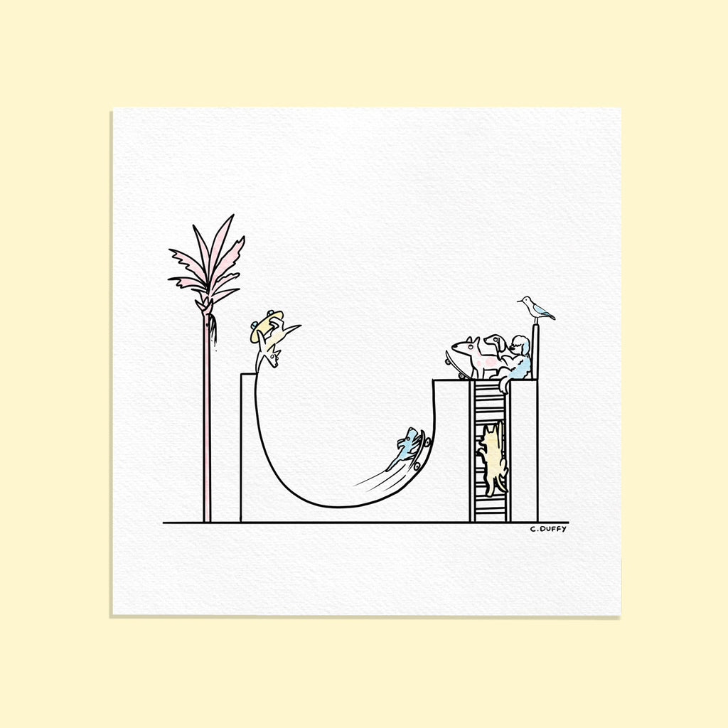 A fine art print in square format with paper texture on a yellow background featuring a half pipe with cartoon dogs on skateboards, a palm tree and a seagull - artwork for Hound Town by Clare Duffy