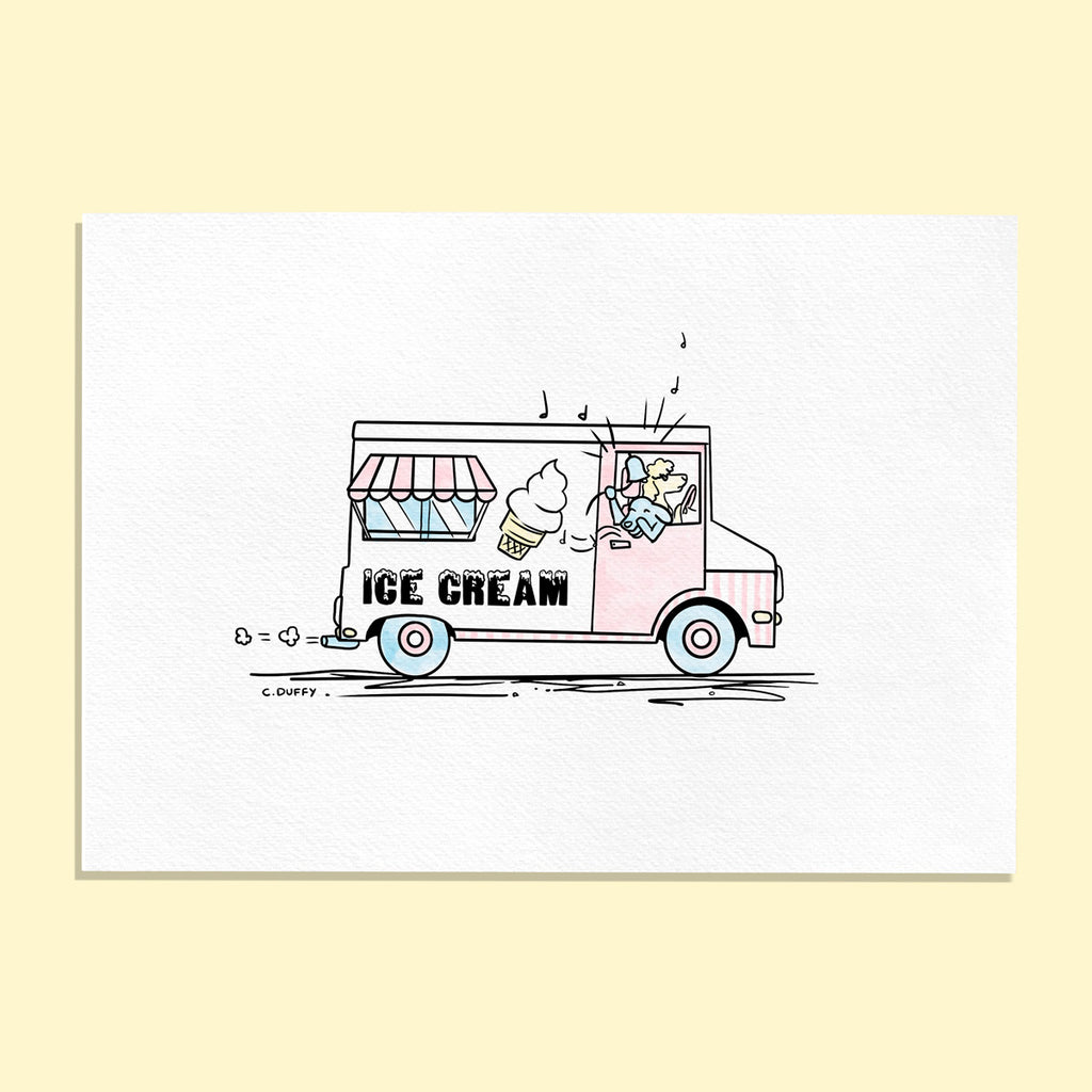 A fine art print in landscape format featuring an ice cream truck putting along with a dog ringing the bell and a poodle driving with the text "Ice Cream" on the side of the vintage truck - a classic Hound Town image by Clare Duffy illustration