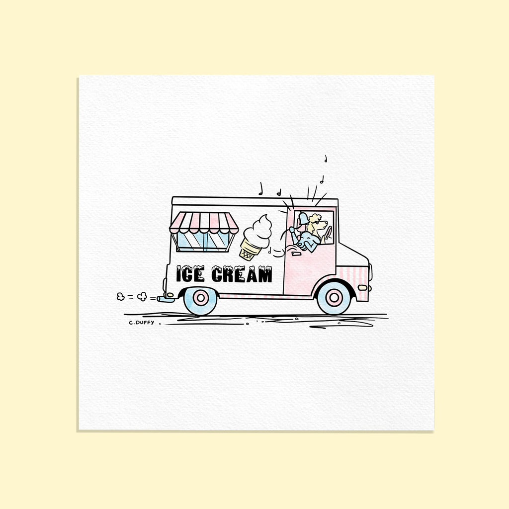 Square fine art print featuring an ice cream truck putting along with a dog ringing the bell and a poodle driving with the text "Ice Cream" on the side of the vintage truck - a classic Hound Town image