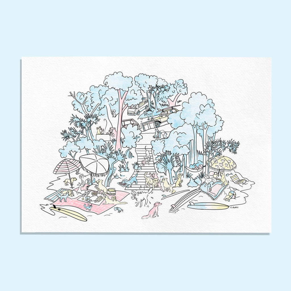 digital illustration of a dog picnic scene in which cartoon surf dogs sit amongst the Australian beach destination The Pass in Byron Bay