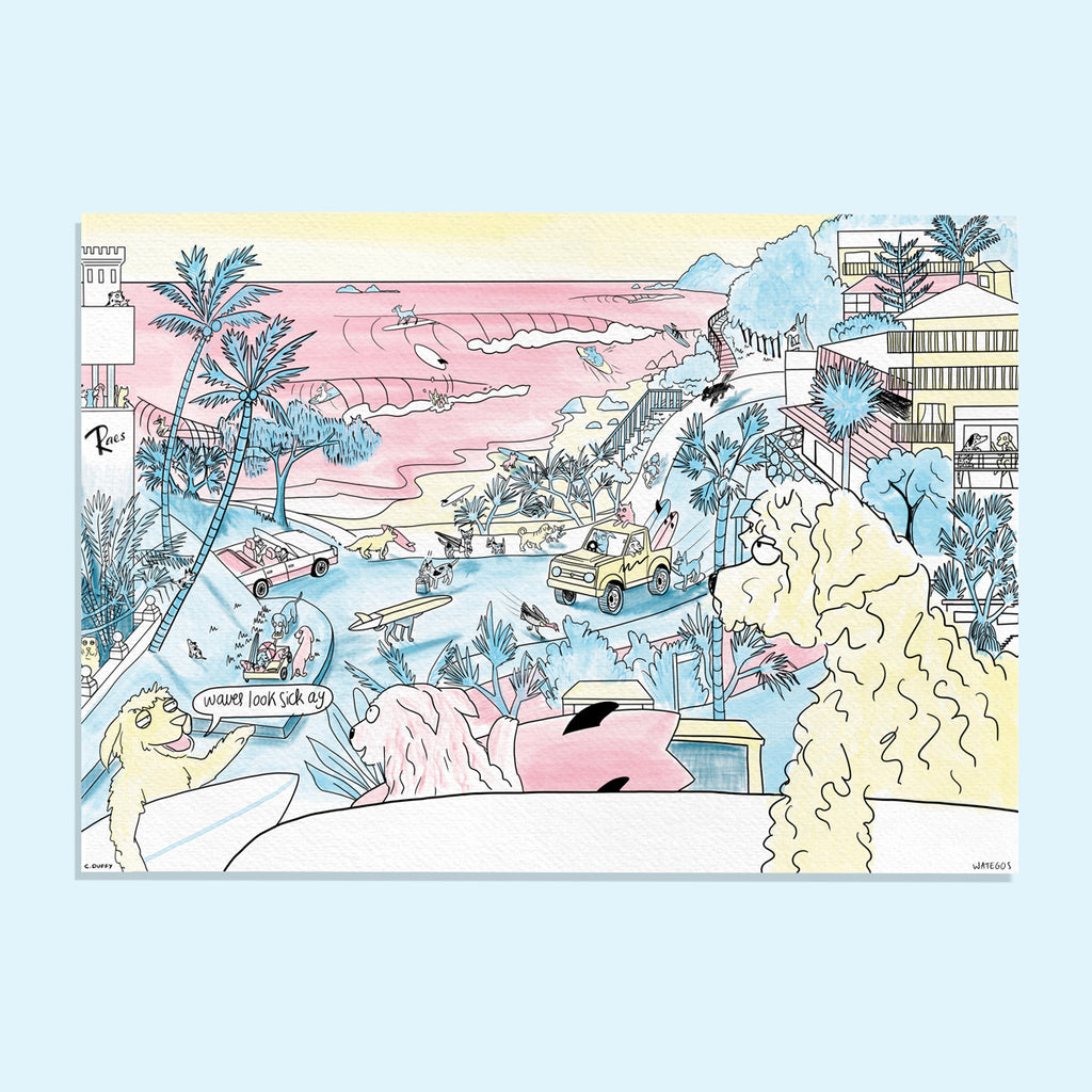 A cartoon illustration of Wategos in Byron Bay featuring three dogs looking at the waves one saying "waves look sick ay" the scene includes Rae's restaurant, mansions, a suzuki with surfboards, a convertible and dogs running and surfing among palm trees all in pastel blue yellow and pink Hound Town style