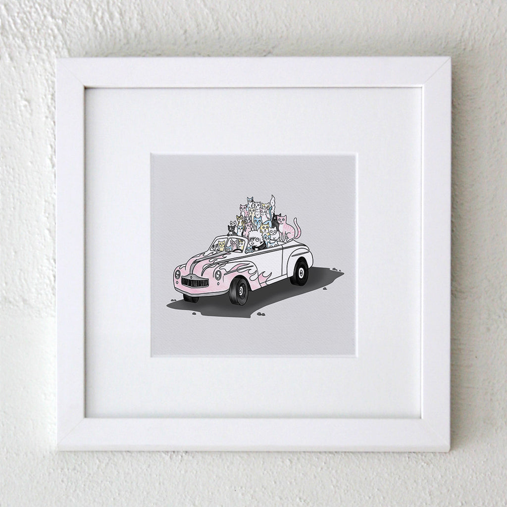 A square white frame with digital illustration featuring cats piled into a pussy wagon in pastel pink, blue, yellow and grey - artwork by illustrator Clare Duffy and features greased lightning danny zuko from the film clip