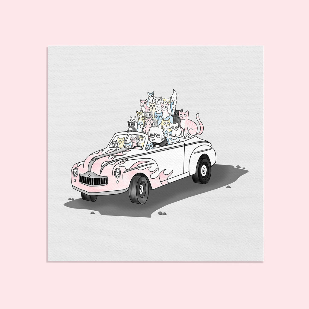 A fine art print of cartoon cats in a grease lightning pussy wagon with flames. Cat illustration by Clare Duffy for Hound Town