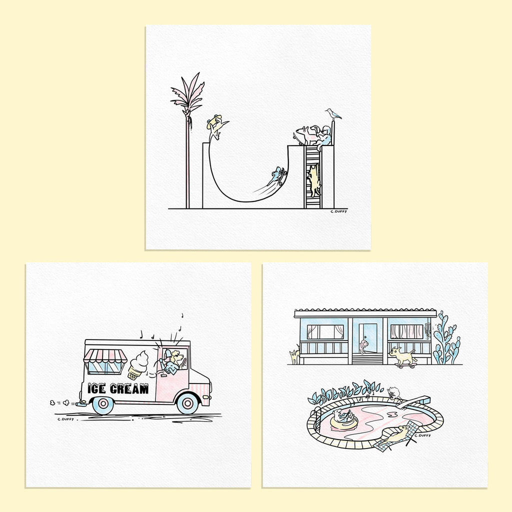 Three square format Hound Town fine art prints on a yellow background showing digital illustrations of the Hound Town halfpipe, Ice cream truck with music playing, a fishermans cottage with a pool in front.