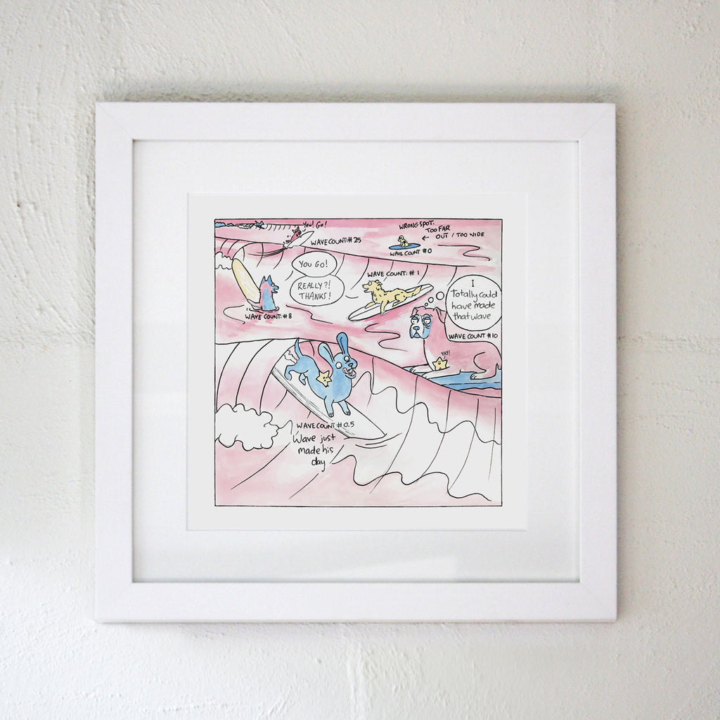 White framed fine art print of surf etiquette part 2 a comic style scene about sharing waves by Clare Duffy for Hound Town