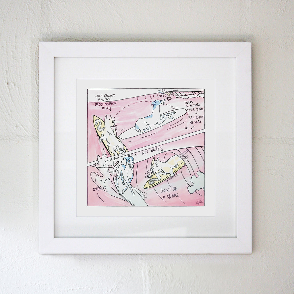 White framed fine art print of a comic illustration of dogs surfing teaching about surf etiquette by Clare Duffy
