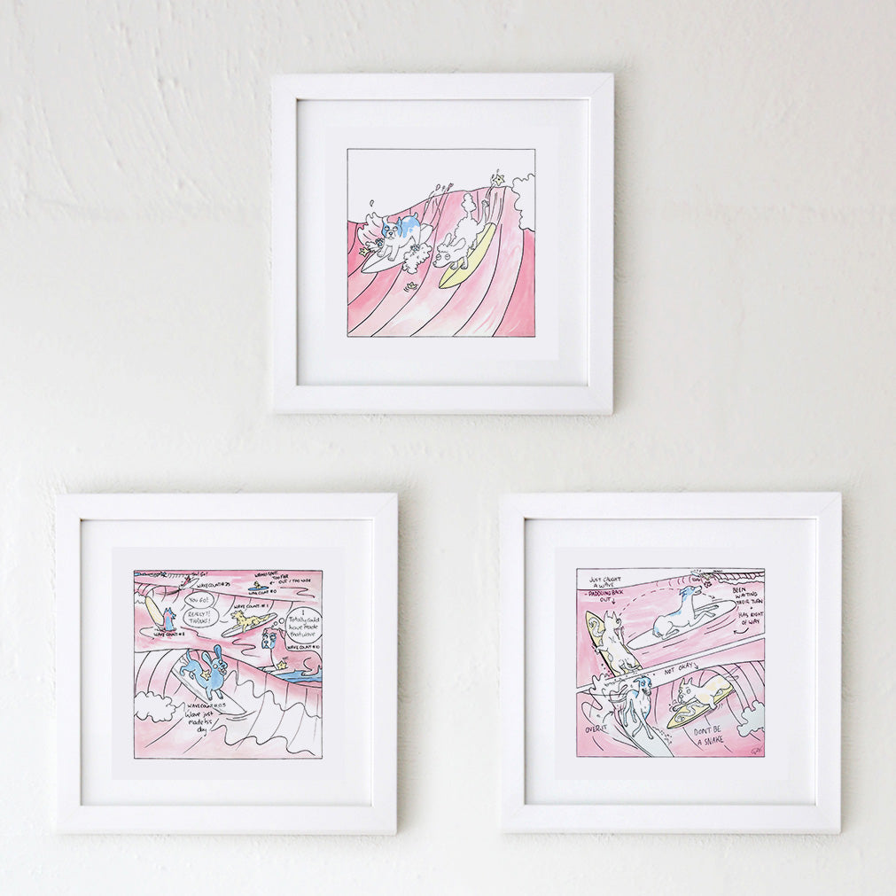 Three Hound Town framed artworks featuring fine art prints of watercolour artworks. These illustrations depict and teach surf etiquette including giving way, taking your turn in the lineup and not being a sneaky snake stealing waves - artwork by Clare Duffy for Hound Town.